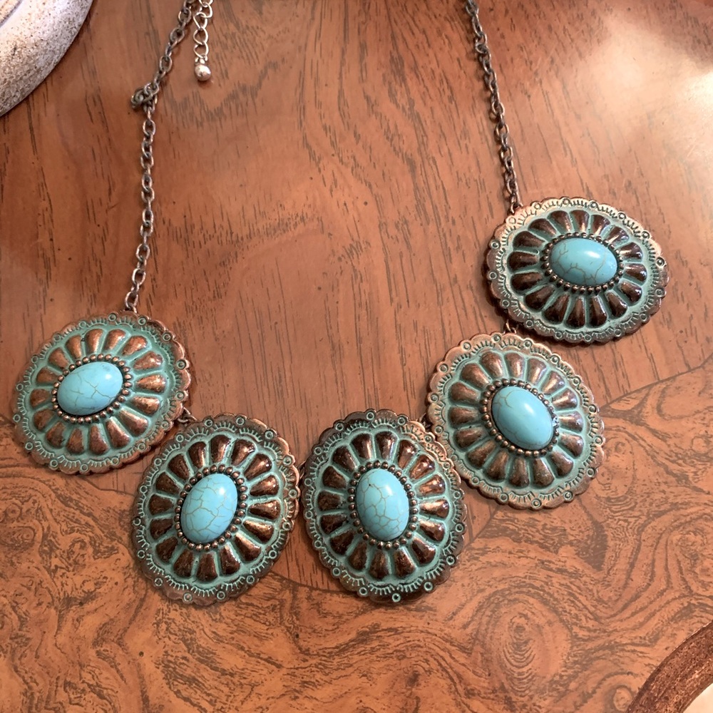 Blue and Copper Patina Concha Necklace Southwestern